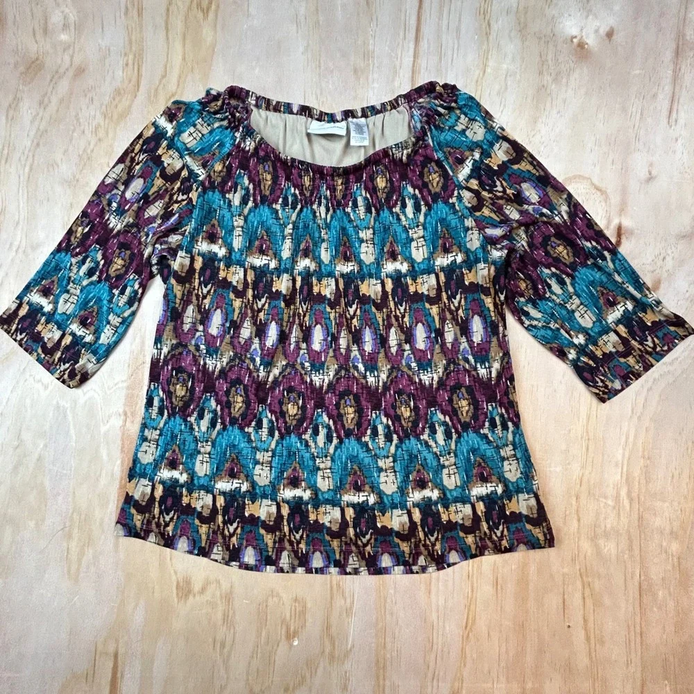 Alfred Dunner Womens Medium Teal Purple Ikat Print 3/4 Sleeve Lined Blouse Top